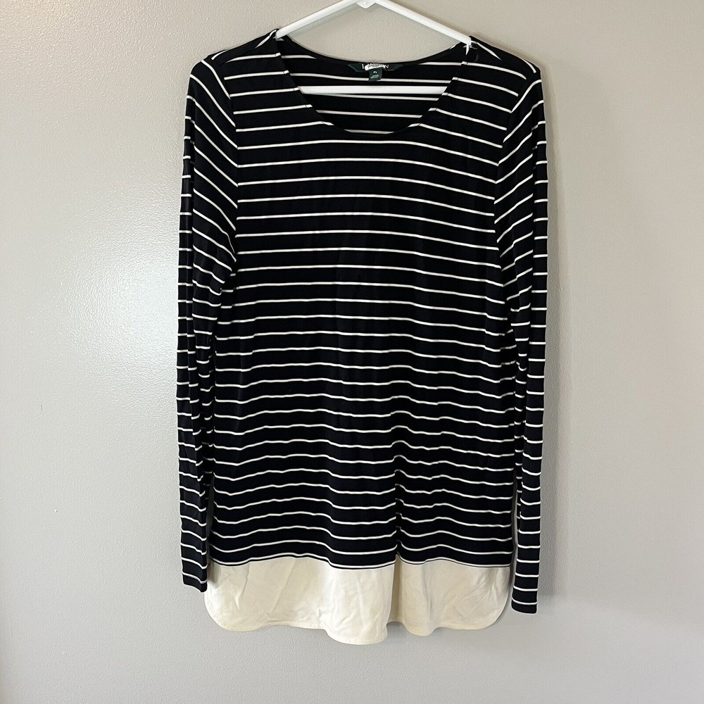 Lauren Ralph Lauren Womens Long Sleeve Tunic Top Black White Stripe Larg…